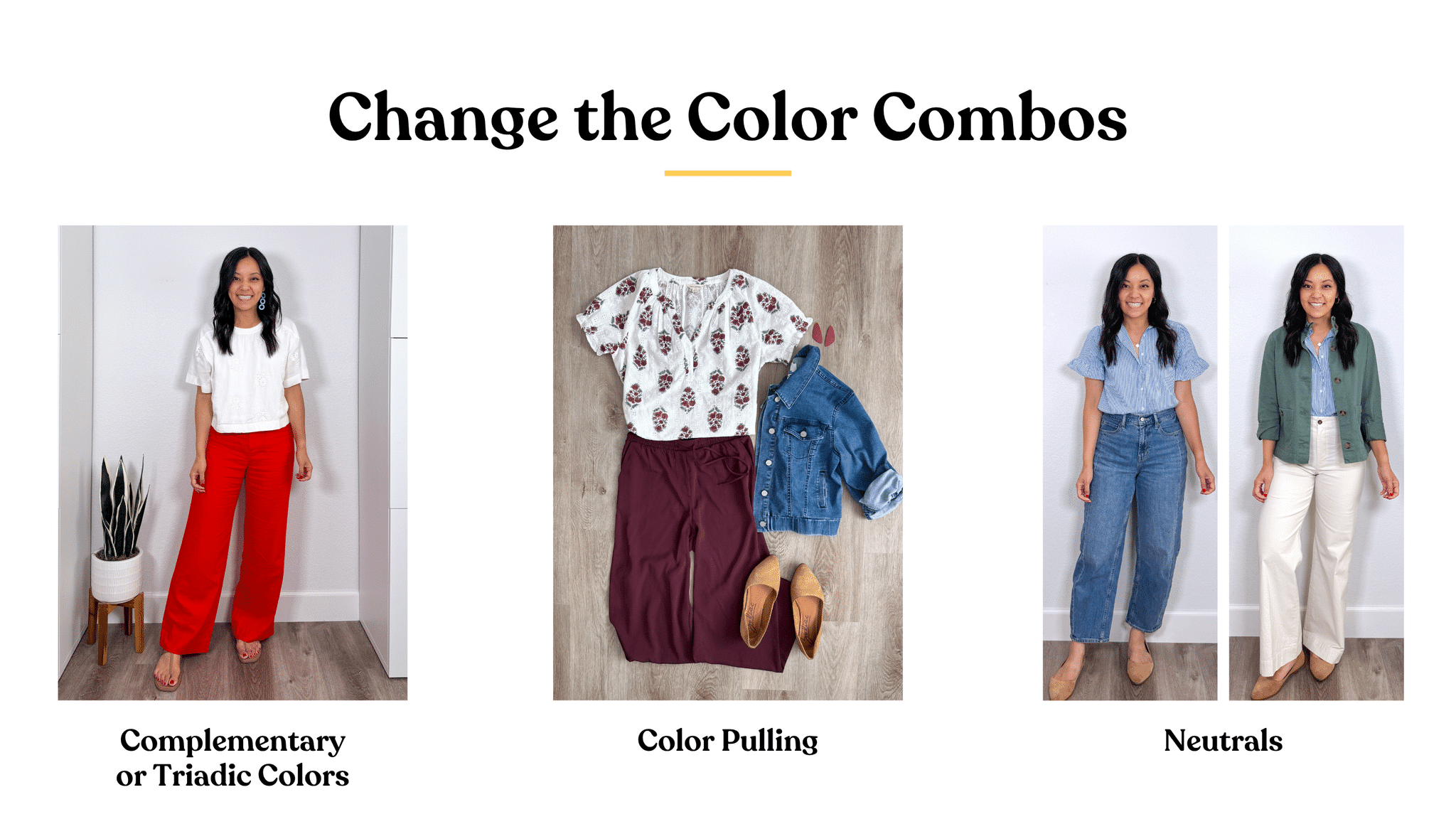 6 Ways to Create New Outfits With What's In Your Closet: How to Remix What You Own + create new outfits with clothes you already own + putting me together + white eyelet top + tomato red comfortable pans + tan sandals + white and burgundy top + burgundy pants + tan flats + denim jacket + white and blue ruffled blouse + barrel leg jeans + tan flats + white pants + olive green utility jacket