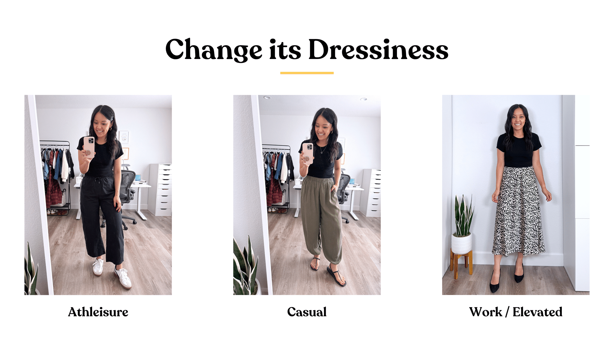 6 Ways to Create New Outfits With What's In Your Closet: How to Remix What You Own + create new outfits with clothes you already own + putting me together + black t-shirt + comfortable black athleisure pants + white and black sneakers + lightweight balloon leg olive green taupe pants + black sandals + white and black dotted silk skirt + black heels + black and gold icon necklace + gold earrings