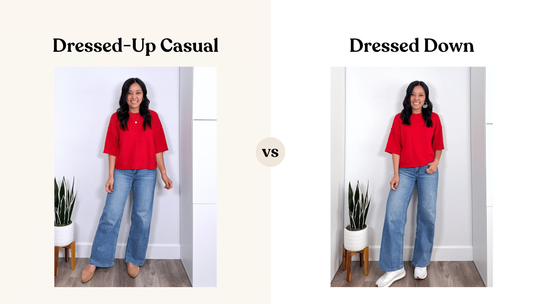 6 Ways to Create New Outfits With What's In Your Closet: How to Remix What You Own + create new outfits with clothes you already own + putting me together + red short sleeve sweater + comfortable wide leg jeans + tan flats + white sneakers