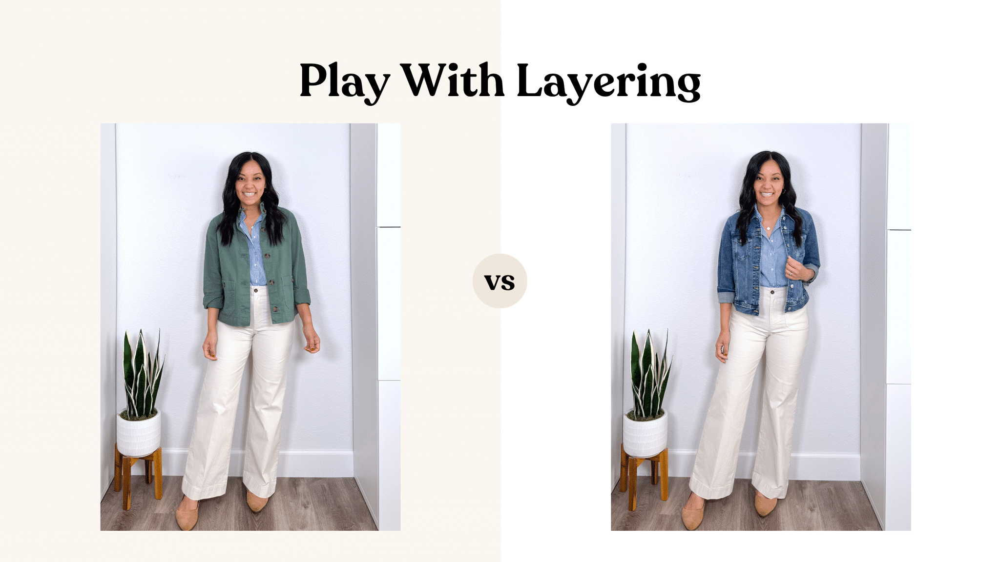 6 Ways to Create New Outfits With What's In Your Closet: How to Remix What You Own + create new outfits with clothes you already own + putting me together + white and blue ruffled blouse + white crem wide leg pants + olive green utility jacket + denim jacket + suede tan flats