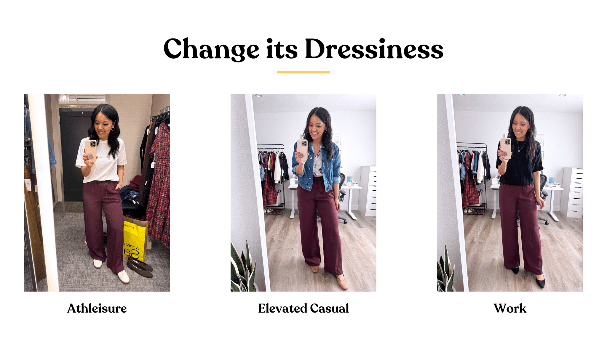 6 Ways to Create New Outfits With What's In Your Closet: How to Remix What You Own + create new outfits with clothes you already own + putting me together + white tee + burgundy pants + white sneakers + white and burgundy floral blouse + burgundy pants + tan woven flats + denim jacket + easy to wear black sweater + burgundy pants + black heels + black icon necklace