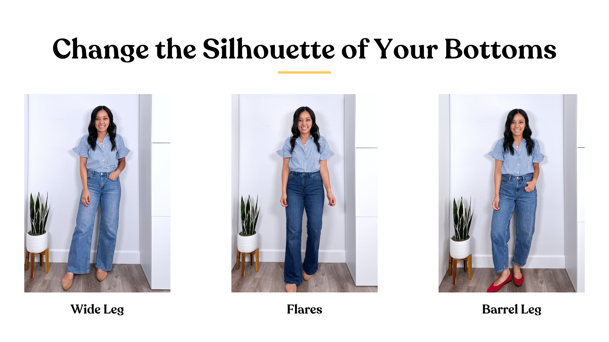 6 Ways to Create New Outfits With What's In Your Closet: How to Remix What You Own + create new outfits with clothes you already own + putting me together + white and blue striped ruffle blouse + comfortable wide lg jeans + dark wash flare leg jeans + affordable barrel leg jeans + tan flats + red flats + gold icon necklace