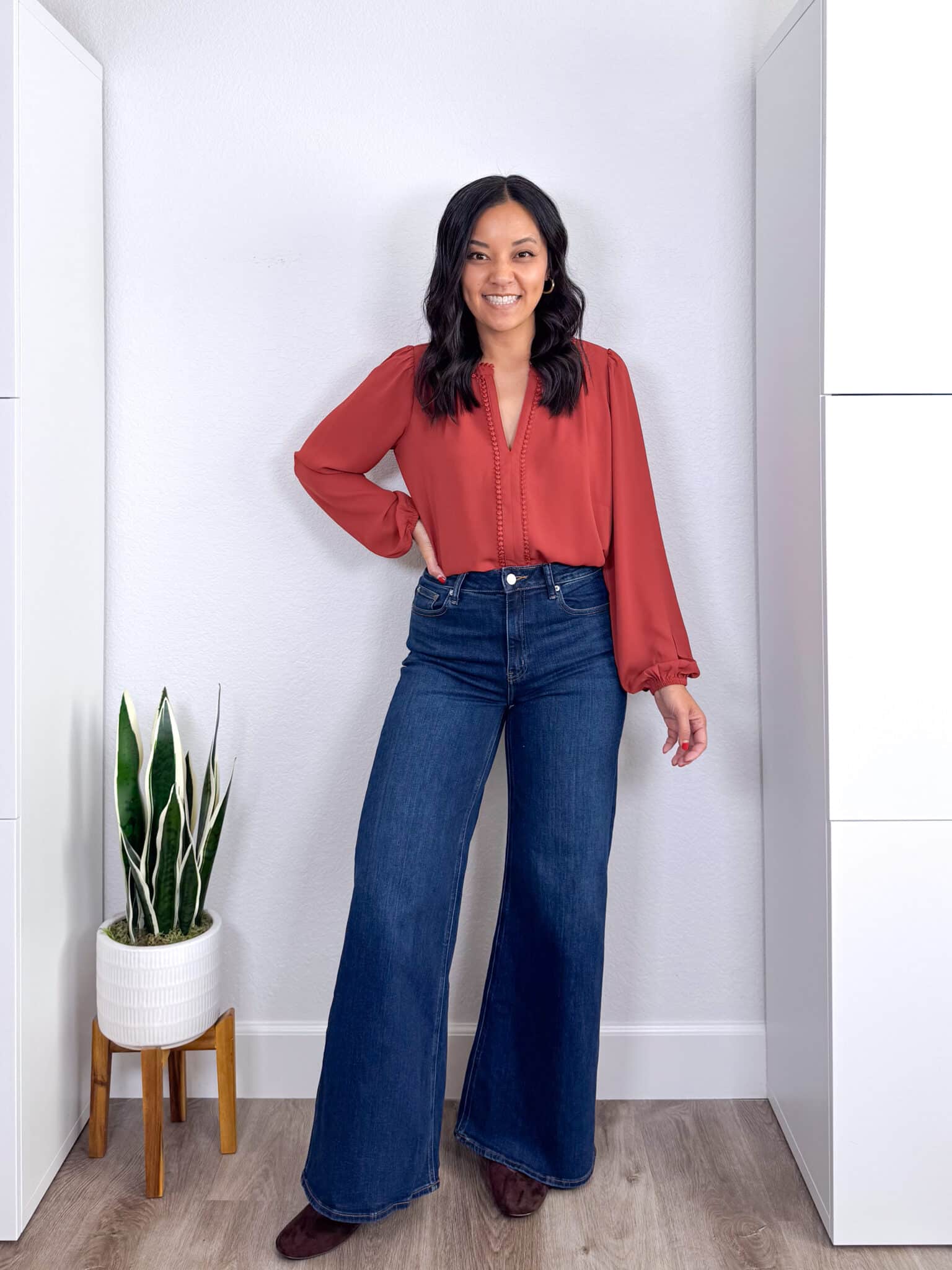 Family Photo Outfit Ideas for Moms + Family Photo Outfit Ideas for Moms: Easy Looks to Copy + putting me together + what to wear for family photos + pretty rust-colored blouse + wide leg dark wash jeans + brown suede flats
